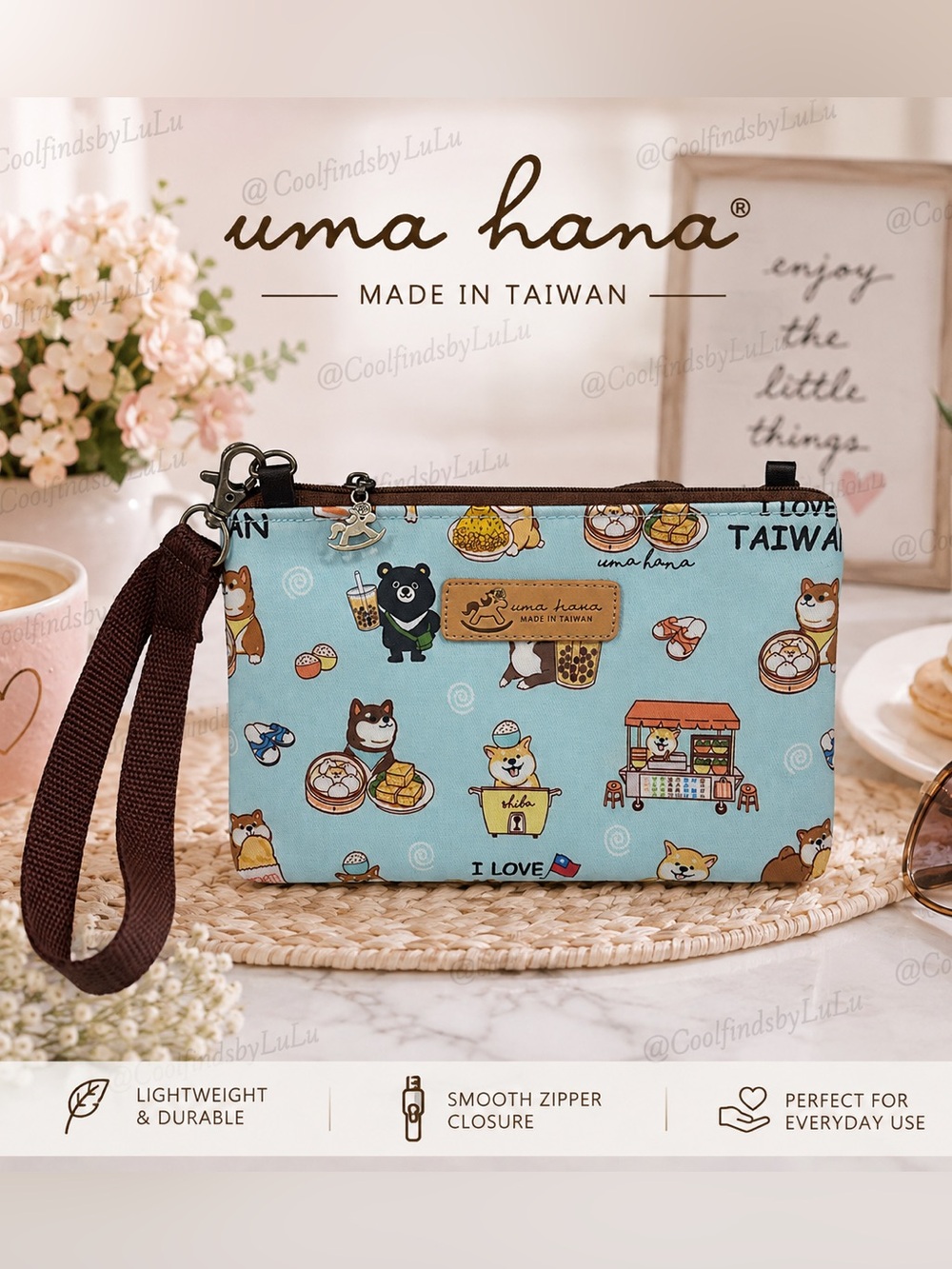 Uma Hana Light Blue Taiwan Shiba Dog Wristlet Pouch